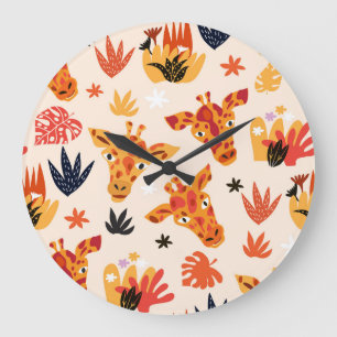 Reloj Redondo Grande Giraffe personalizado: Patrón Floral Savanna
