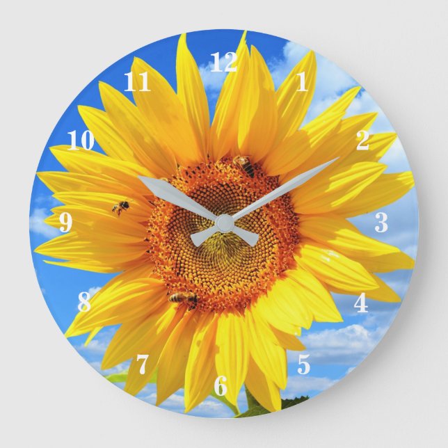 Reloj Redondo Grande Girasol amarillo y abejas en el cielo azul - veran (Anverso)