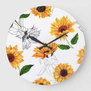 Reloj Redondo Grande girasoles dibujados a mano: patrón amarillo vibran