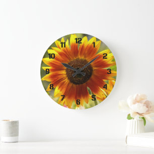 Reloj Redondo Grande Girasoles Florales Amarillos y Bronce