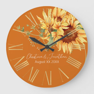Reloj Redondo Grande Girasoles románticos en acuarela sobre naranja que