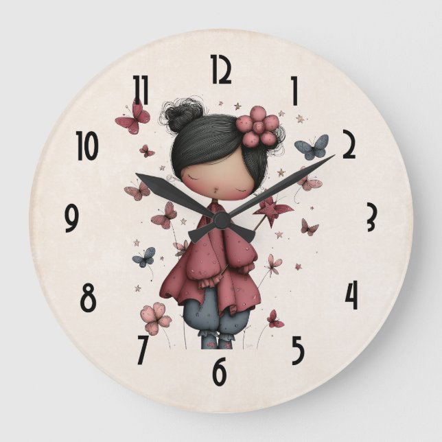 Reloj Redondo Grande Girl with Magic Wand and Butterflies Cute (Anverso)