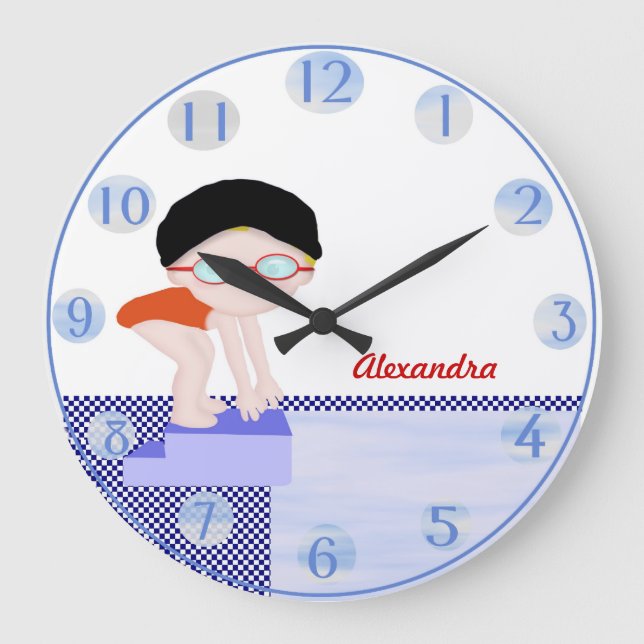 Reloj Redondo Grande Girls Personalized Swim Wall Clock (Anverso)