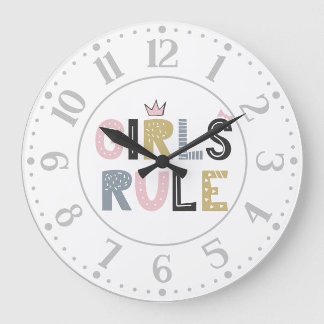 Reloj Redondo Grande Girls Rule Scandinavian Word Art   (Anverso)