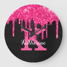 Reloj Redondo Grande Girly Black Hot Pink Purpurinas Dris Monograma Nom