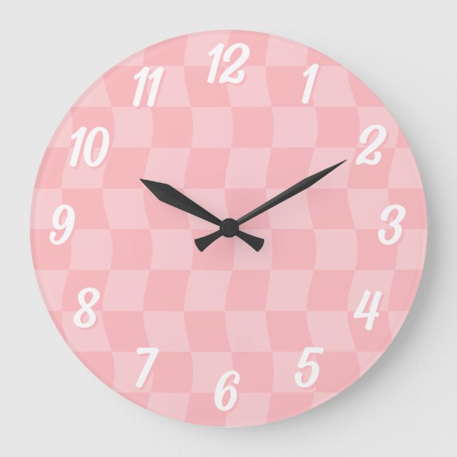 Reloj Redondo Grande Girly Pastel Pink Wavy Checkerboard (Anverso)