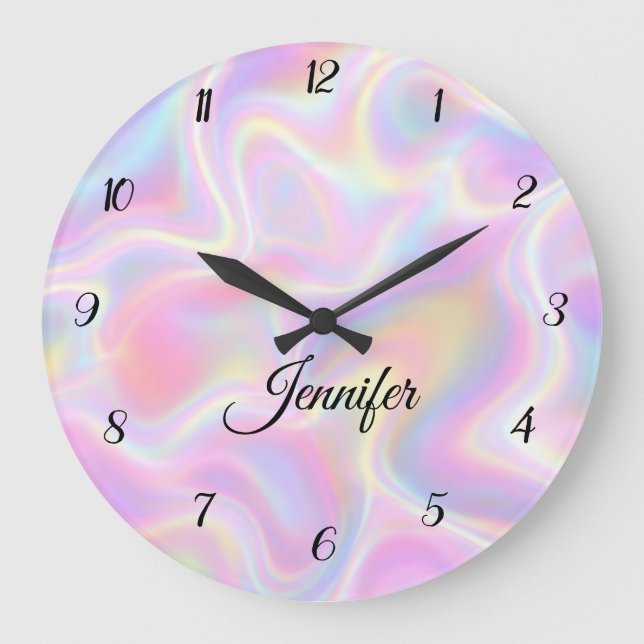 Reloj Redondo Grande Girly Vibrant Pastel Holographic Swirl Design      (Anverso)