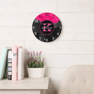 Reloj Redondo Grande Girona Black Hot Pink Gray Waves Glam Monograma No