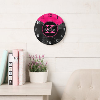 Reloj Redondo Grande Girona Black Hot Pink Gray Waves Glam Monograma No