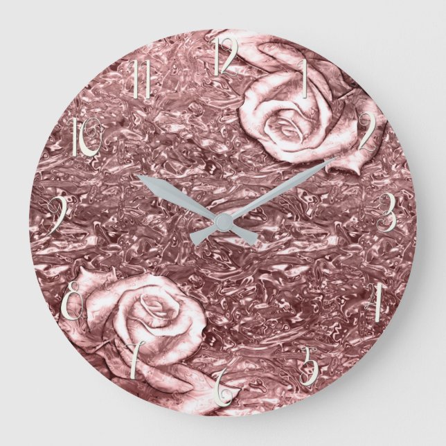 Reloj Redondo Grande Glam de Moda metálica cromada con líquido Rosa (Anverso)