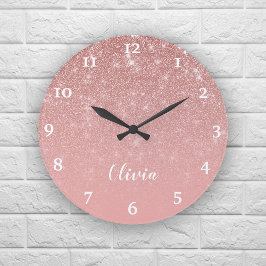 Reloj Redondo Grande Glam Ombre, Purpurina de Oro Rosa Girada Personali