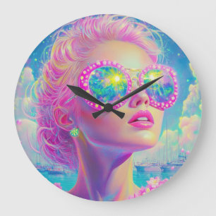 Reloj Redondo Grande Glamorosa mujer neón con gafas de espuma