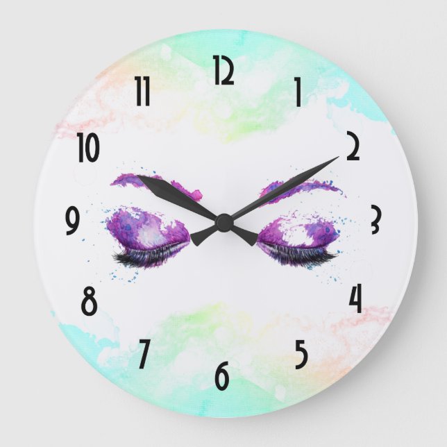 Reloj Redondo Grande Glamorosos Ojos Púrpuros y Flores Acuarela (Anverso)