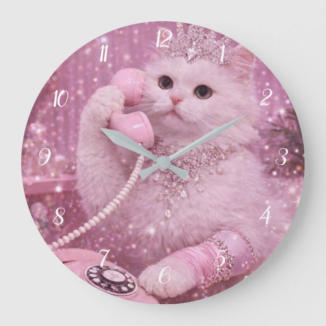 Reloj Redondo Grande Glamorous Princess Cat Using Telephone             (Anverso)
