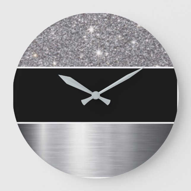 Reloj Redondo Grande Glitter Black Silver Pattern Print Design (Anverso)