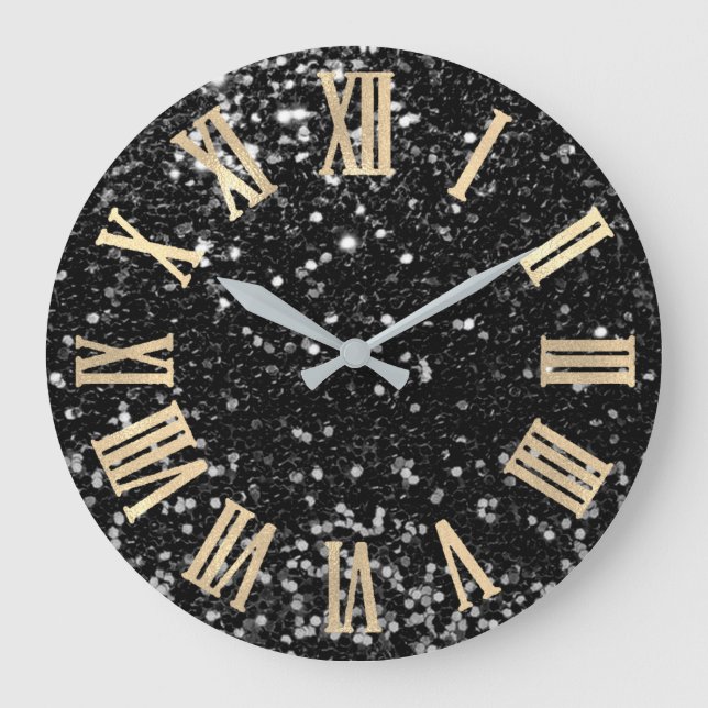 Reloj Redondo Grande Glitter Gold Roman Numbers Silver Black Gray (Anverso)