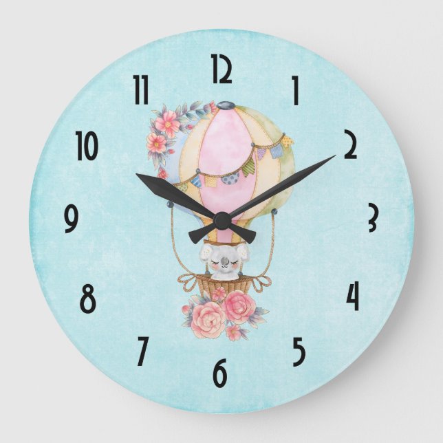 Reloj Redondo Grande Globo de aire caliente lindo con acuarela de oso (Anverso)