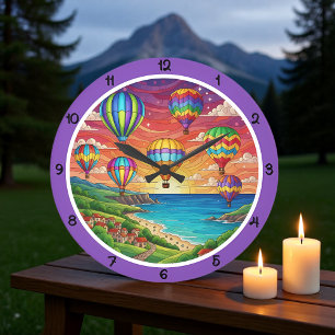 Reloj Redondo Grande Globos aerostáticos coloridos pueblo costero