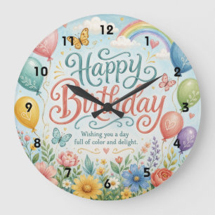 Reloj Redondo Grande Globos aerostáticos de arcoíris de acuarela capric