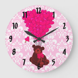 Reloj Redondo Grande Globos con forma de oso y corazón en damasco rosa