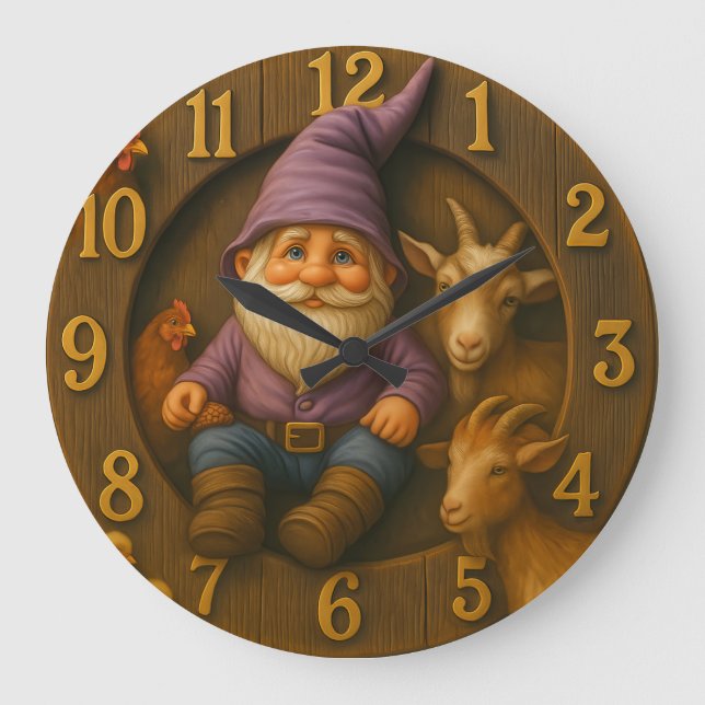 Reloj Redondo Grande Gnome and Farm Animals in Cozy Garden Scene (Anverso)
