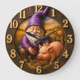 Reloj Redondo Grande Gnome Feeding Pig in Autumn Farm Scene