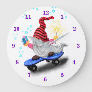 Reloj Redondo Grande Gnome feliz del patinador con regalos y Sparkler -
