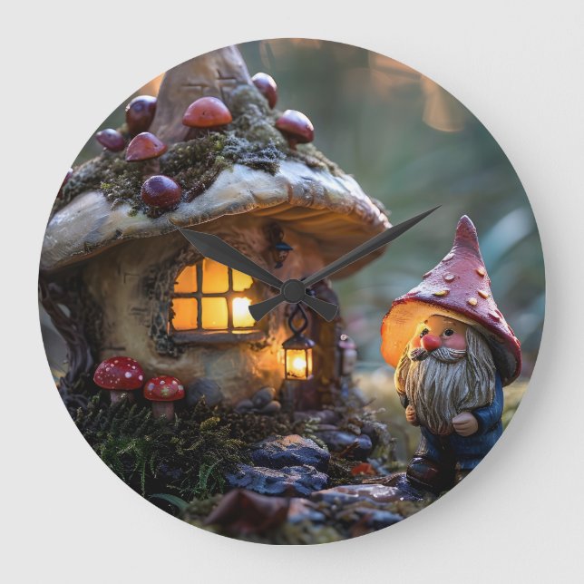 Reloj Redondo Grande Gnome y una casa de hongos, diseño de fantasía (Anverso)