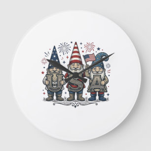 Reloj Redondo Grande Gnomo Patriótico USA Camiseta Vintage Cuatro de Ju