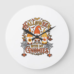 Reloj Redondo Grande Gnomos de Halloween Calabaza Telaraña Murciélagos_