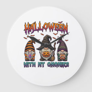 Reloj Redondo Grande Gnomos de Halloween Tres Gnomos Sombrero de Bruja