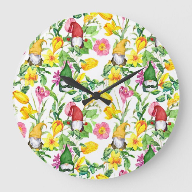 Reloj Redondo Grande gnomos escandinavos: acuarela floral de primavera. (Anverso)
