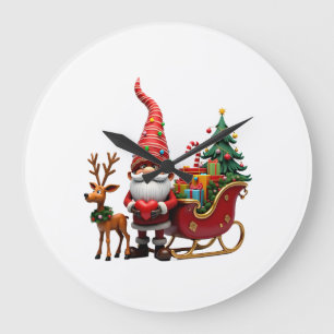 Reloj Redondo Grande Gnomos Luces de Navidad Santa Claus Montando Trine
