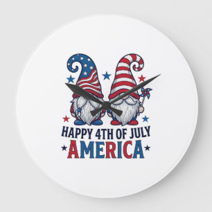 Reloj Redondo Grande Gnomos Patrióticos Feliz 4 de Julio Camiseta Améri