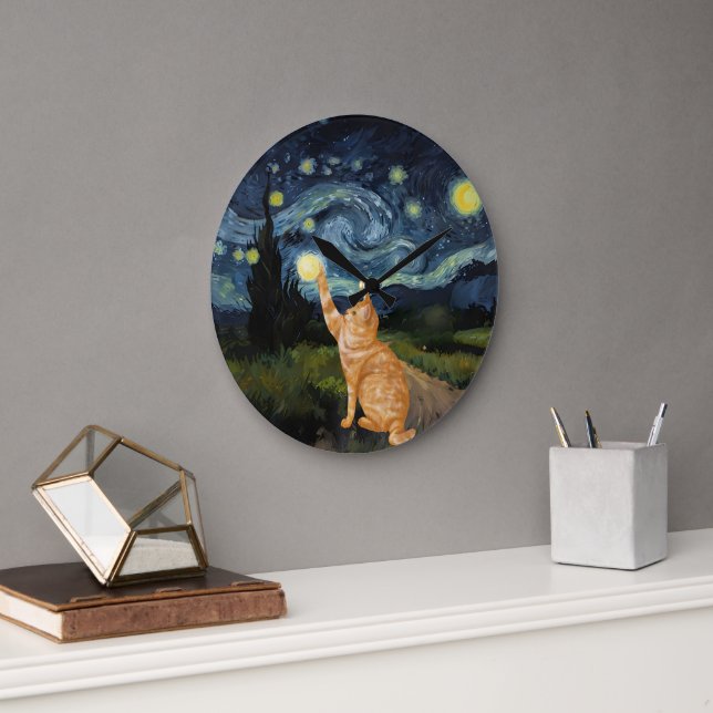 Reloj Redondo Grande Gogh Kitty Starry Night Cat (Oficina)