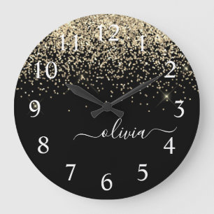Reloj Redondo Grande Gold Black Glitter Script Monogram Girly Name