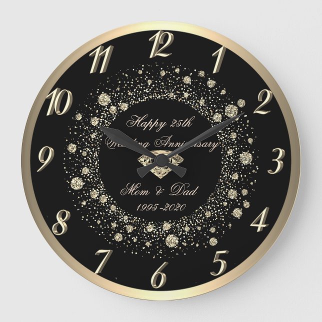 Reloj Redondo Grande Gold Confetti Dots Black  25th Wedding Anniversary (Anverso)