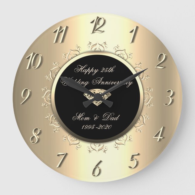 Reloj Redondo Grande Gold Diamond Swirls Gold 25º Aniversario Boda (Anverso)