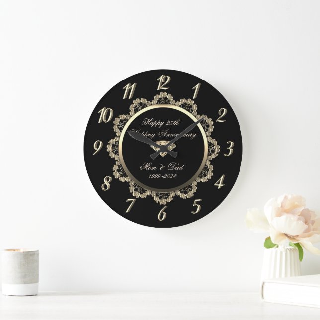 Reloj Redondo Grande Gold Floral Swirls Black 25th Boda Aniversario (Hogar)