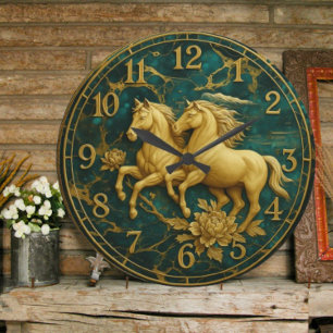 Reloj Redondo Grande Gold horse green marble luxury equestrian elegant 