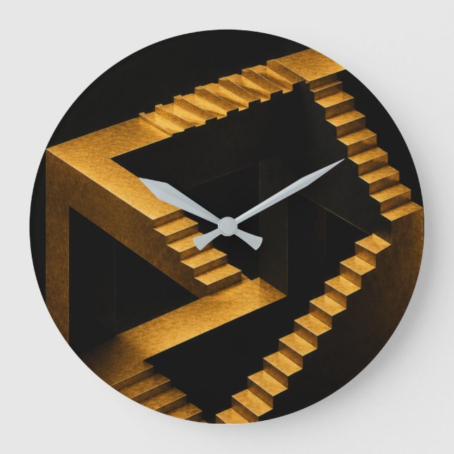 Reloj Redondo Grande Gold Impossible Stairs Optical Illusion Clock (Anverso)