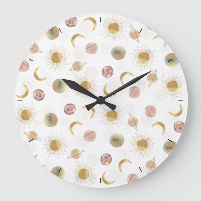 Reloj Redondo Grande Gold Sun Moon Planets Space White illustration (Anverso)