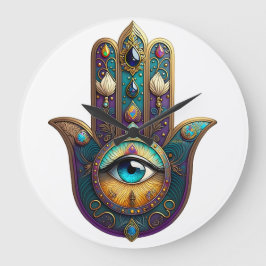 Reloj Redondo Grande Gold Violet Teal Hamsa w/ Turquoise Third Eye