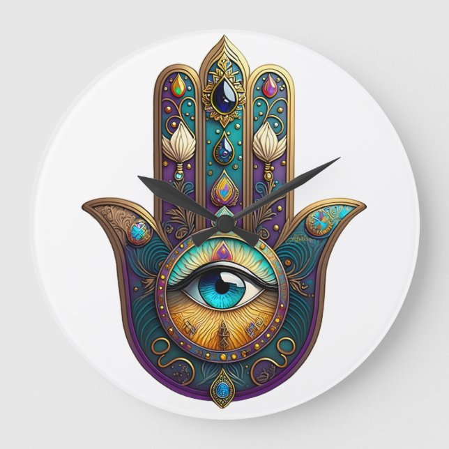 Reloj Redondo Grande Gold Violet Teal Hamsa w/ Turquoise Third Eye (Anverso)