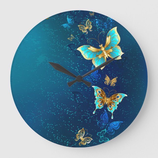 Reloj Redondo Grande Golden Butterflies on a Blue Background (Anverso)