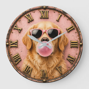 Reloj Redondo Grande Golden Retriever Blowing Pink Bubble Gum