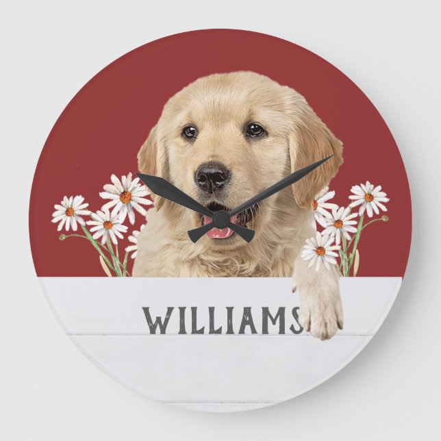 Reloj Redondo Grande Golden Retriever con Daises (Anverso)
