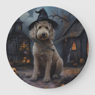 Reloj Redondo Grande Goldendoodle Calabazas Halloween Espeluznante