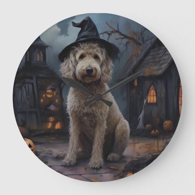 Reloj Redondo Grande Goldendoodle Calabazas Halloween Espeluznante (Anverso)