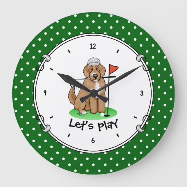 Reloj Redondo Grande Goldendoodle Perro Jugando Golf (rojo whmk2) Diver (Anverso)